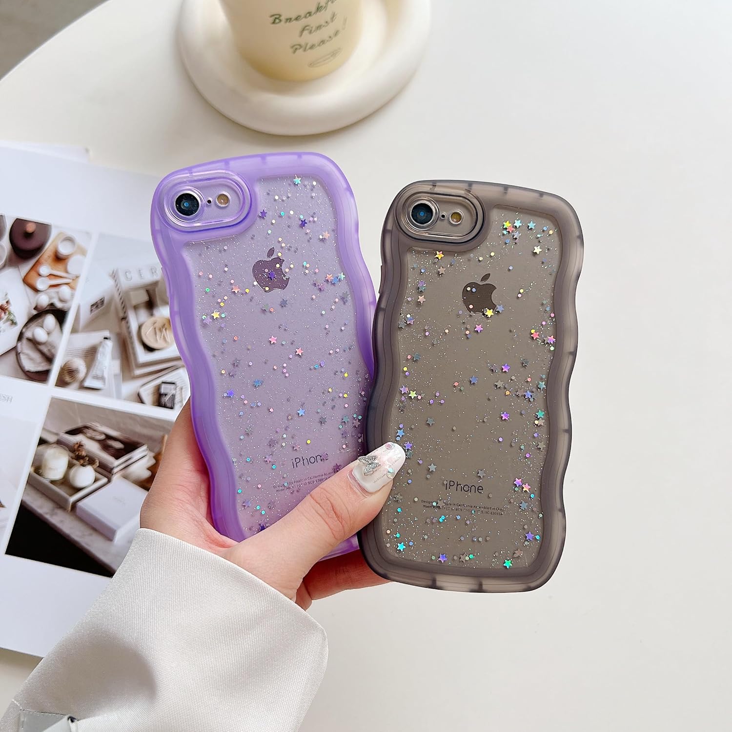 Compatible with iPhone 7/8,iPhone SE 2020/SE 2022 Case for Girls Women,Cute Clear Sparkly Bling Star Design Curly Simple Wave Case Shockproof Protective Slim Soft TPU Glitter Cover-Purple